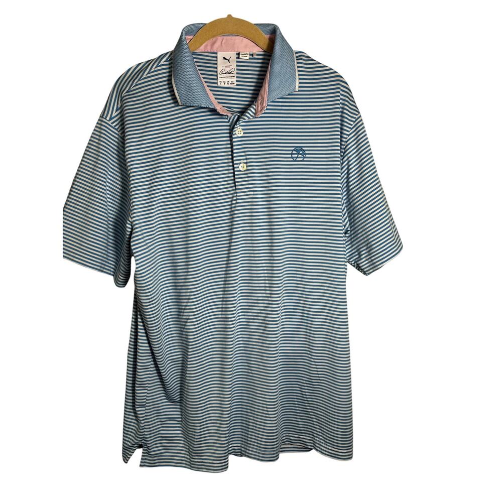 Arnold Palmer PUMA colab mens golf polo shirt size L light blue/white stripes